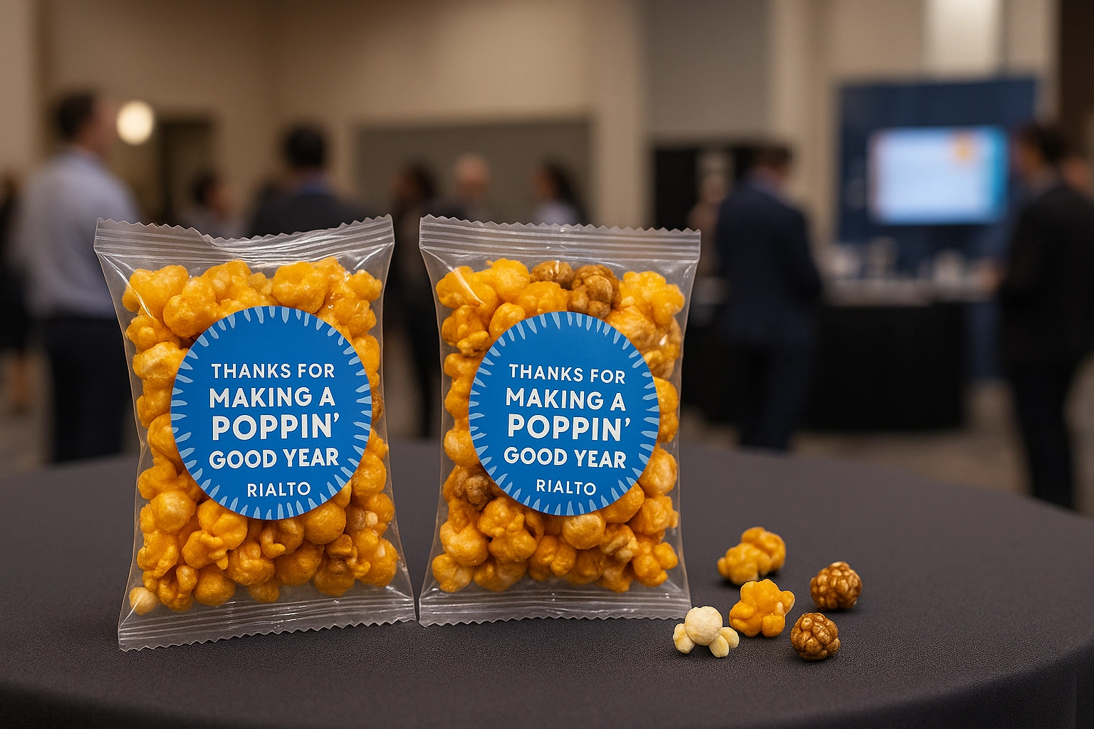 Two clear bags of caramel and cheddar popcorn styled for a festive event giveaway.