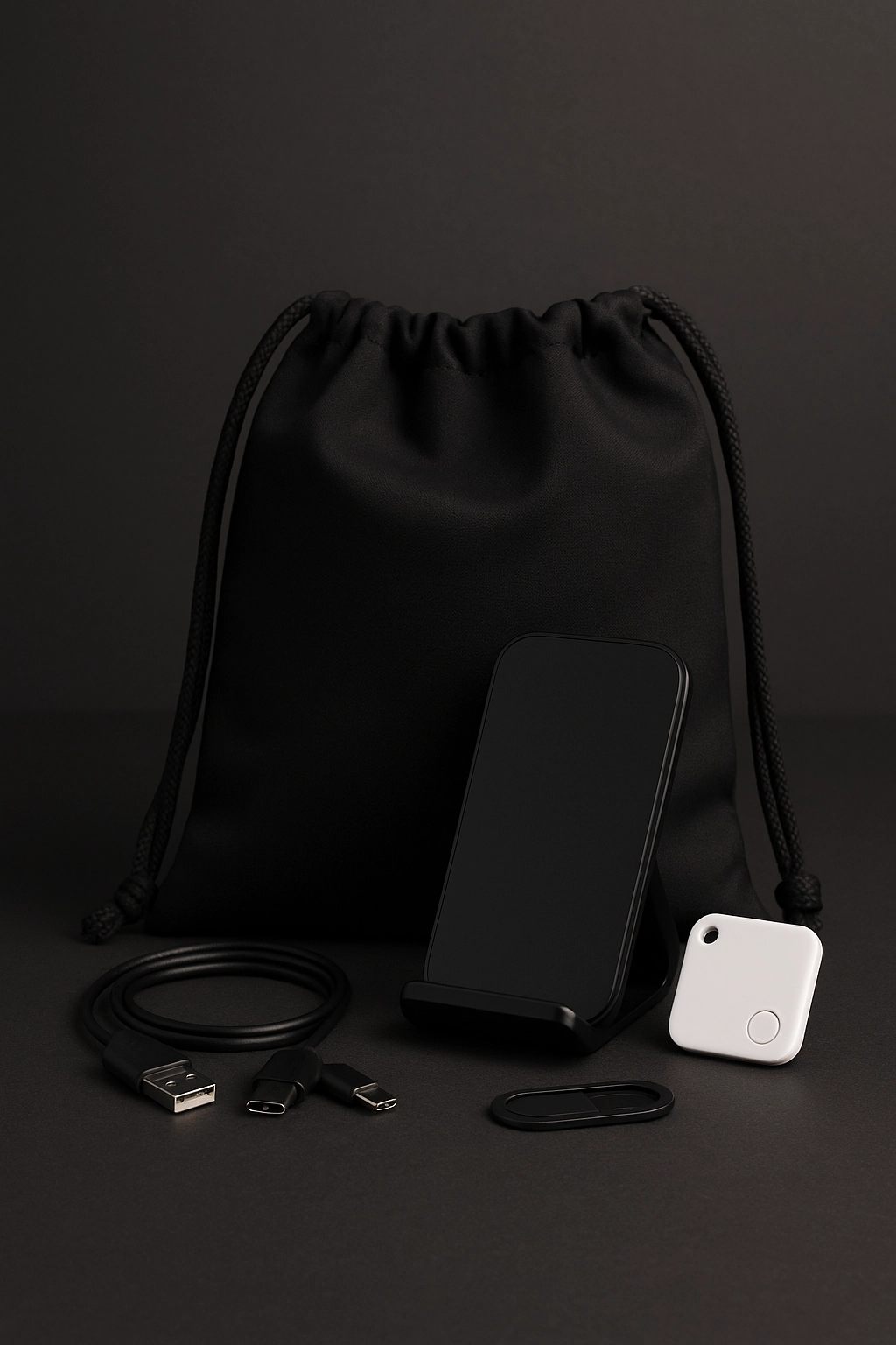 A black drawstring swag bag displayed with tech accessories including a 3-in-1 charging cable, wireless phone stand, Bluetooth tracker, and webcam cover, arranged neatly on a dark background.
