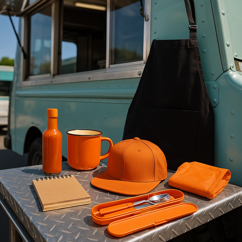 High-quality photo of assorted promotional products, arranged on a metal counter in front of a teal food truck.