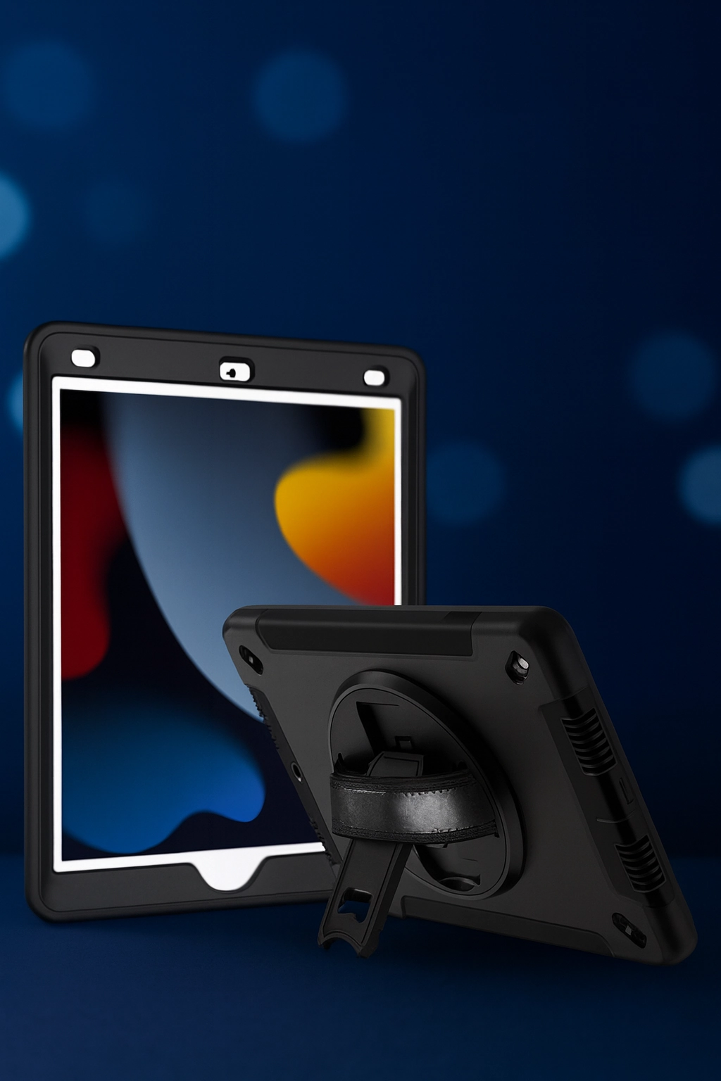 Custom rugged tablet case with built-in hand strap and kickstand