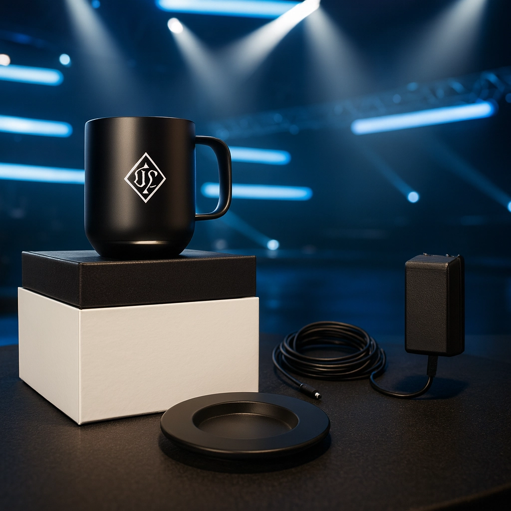 Smart black temperature-control mug gift set with charging base, power adapter, and cable, displayed on a sleek surface with a tech event stage
