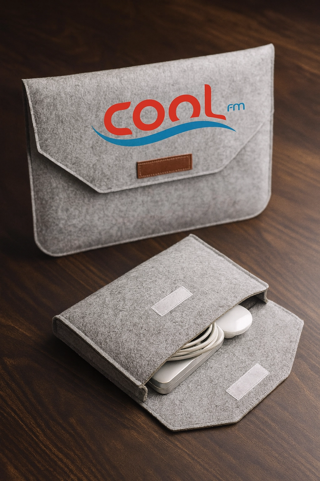 Gray felt laptop sleeves on a dark wooden surface