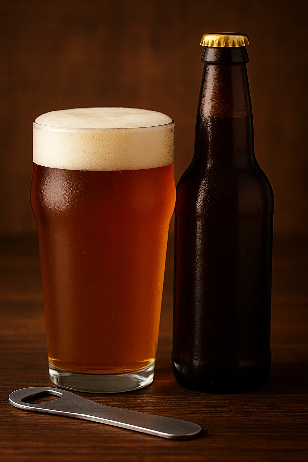 Brewery giveaway idea featuring a pint glass of beer, next to a dark glass beer bottle and metal bottle opener on a wooden surface