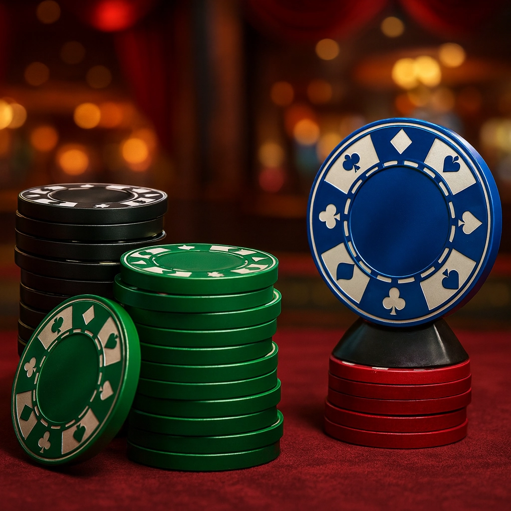 Stacks of colorful poker chips, including blue, green, black, and red, displayed on a velvet casino table with a warm, blurred casino background.