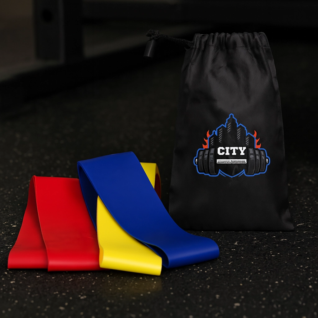 Branded resistance bands in red, yellow, and blue with a black drawstring gym bag on a fitness floor background