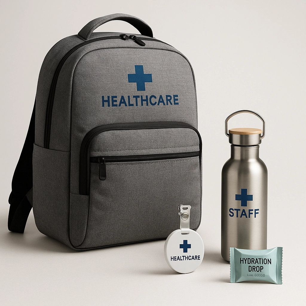 outpatient care swag ideas featuring a gray backpack, staff badge reel, stainless steel water bottle, and hydration snack pack on a clean light background.