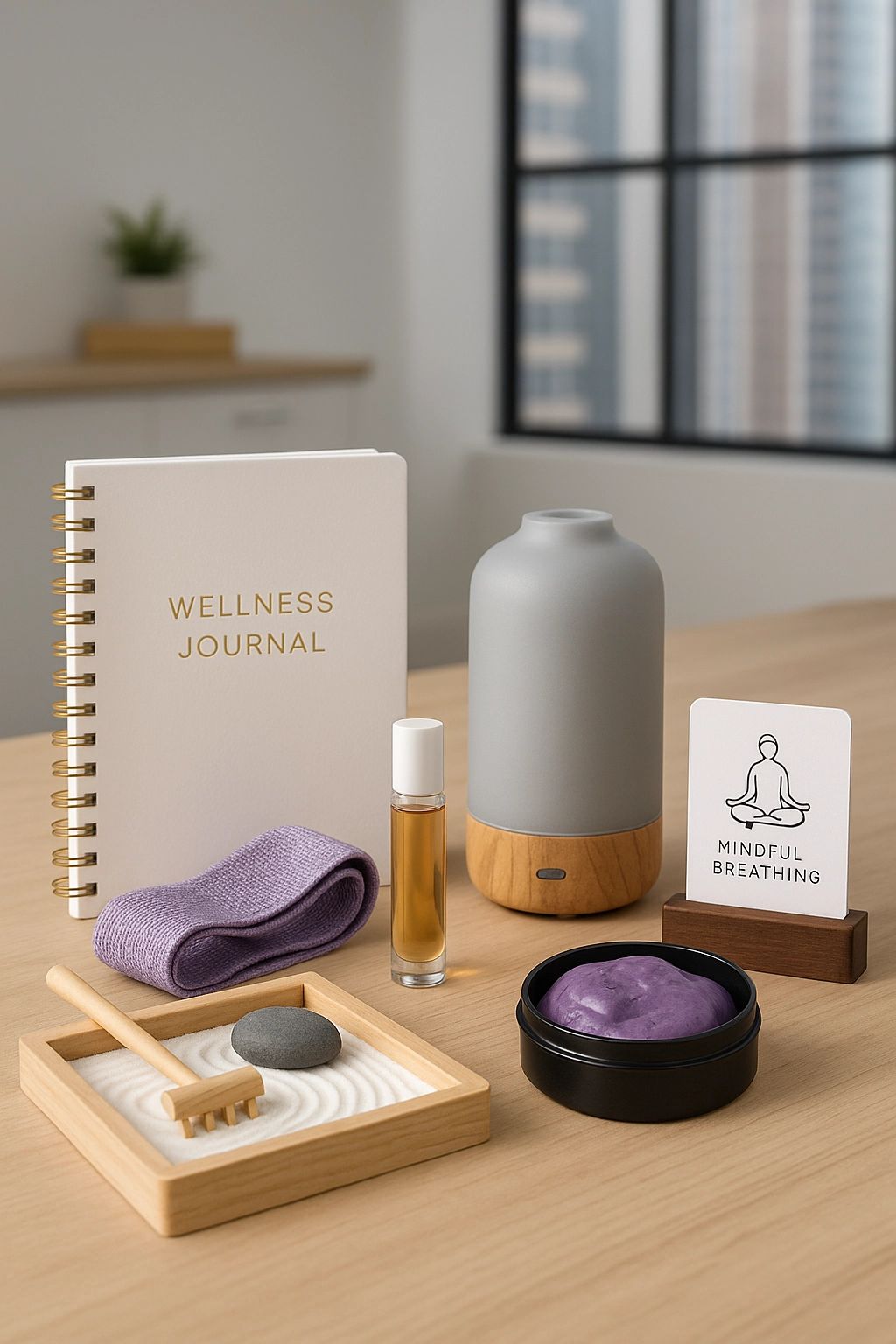 Modern wellness swag alternatives to stress balls displayed on an office desk