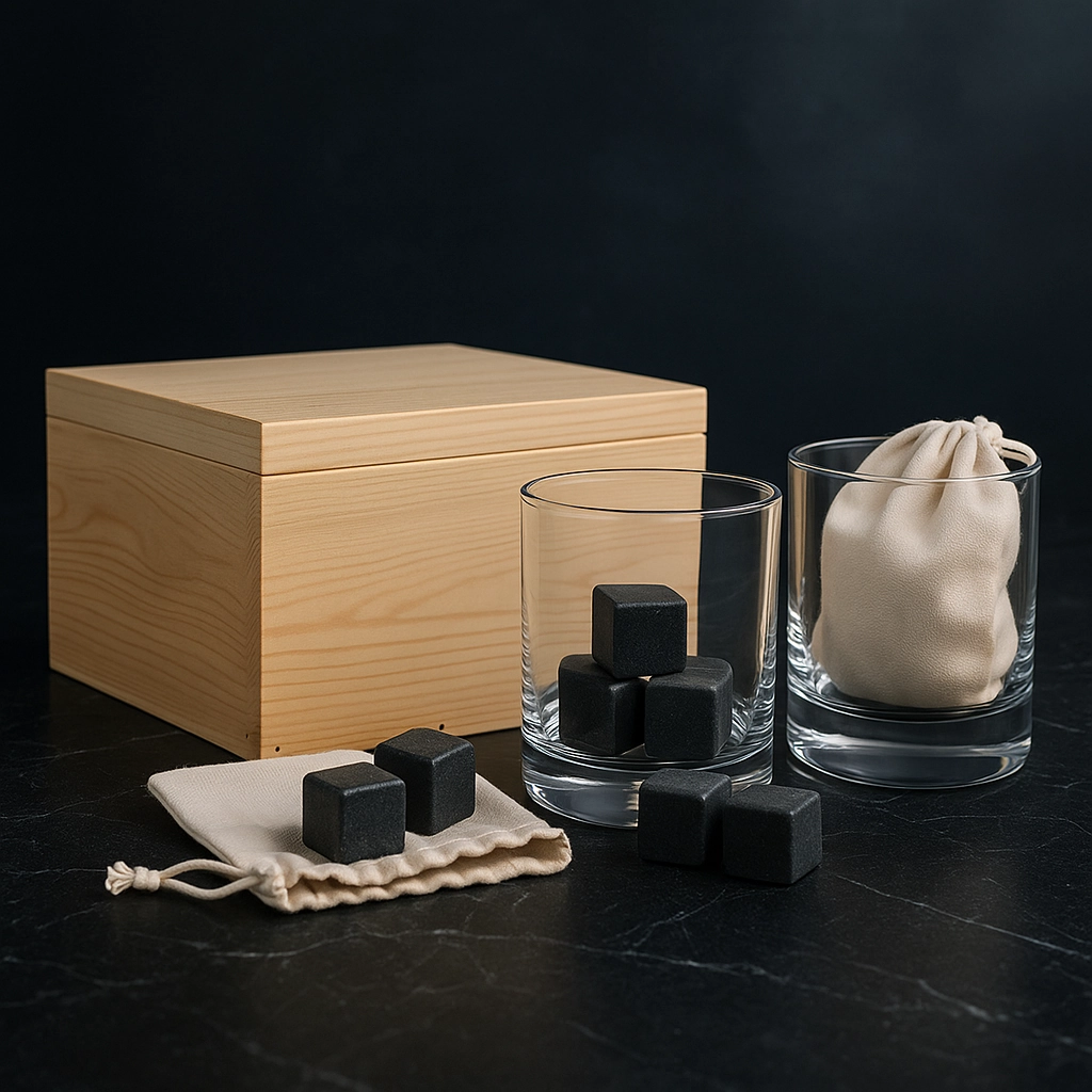 Elegant whiskey gift set featuring a natural wood box, two clear glasses, black whiskey stones, and a beige drawstring pouch, arranged on a sleek black marble surface with soft lighting.