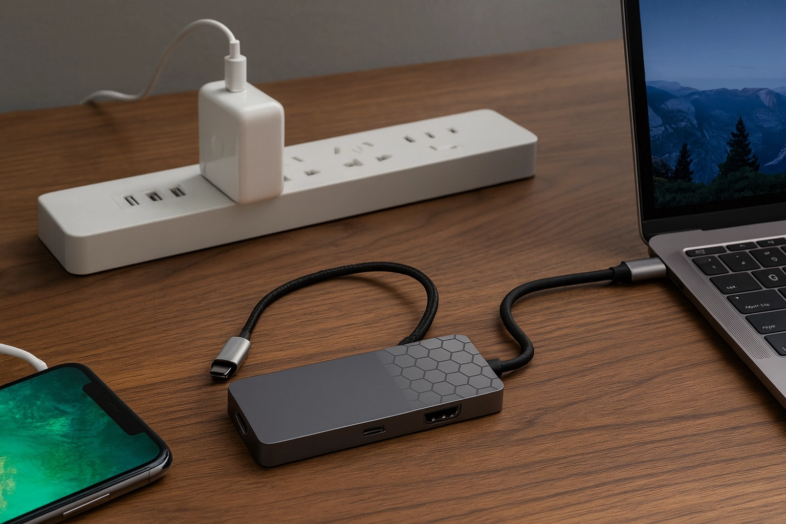 image of a modern office desk featuring a USB-C adapter hub connected to a MacBook and smartphone.