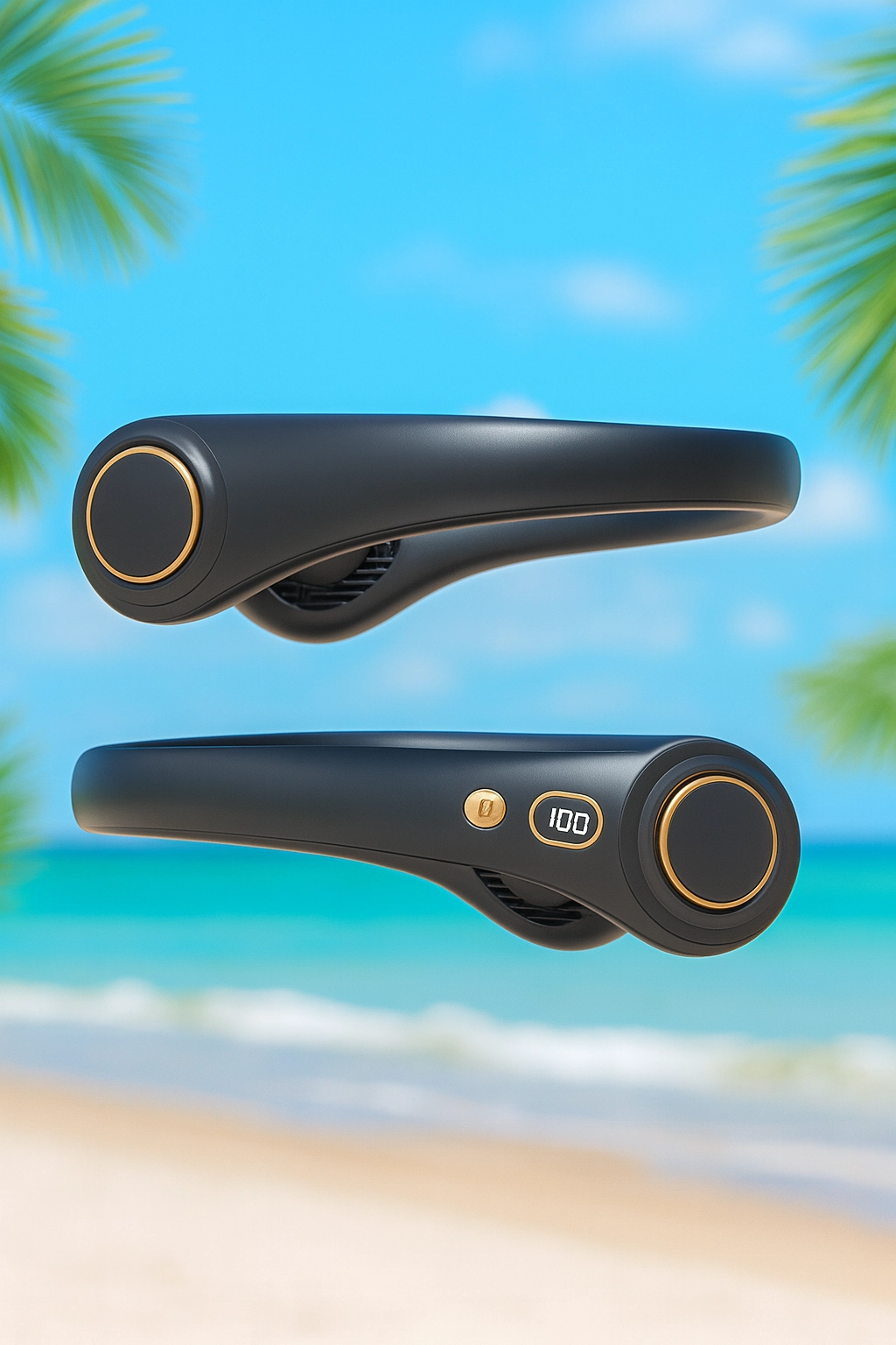 Close-up image of two sleek black neck fans with gold accents