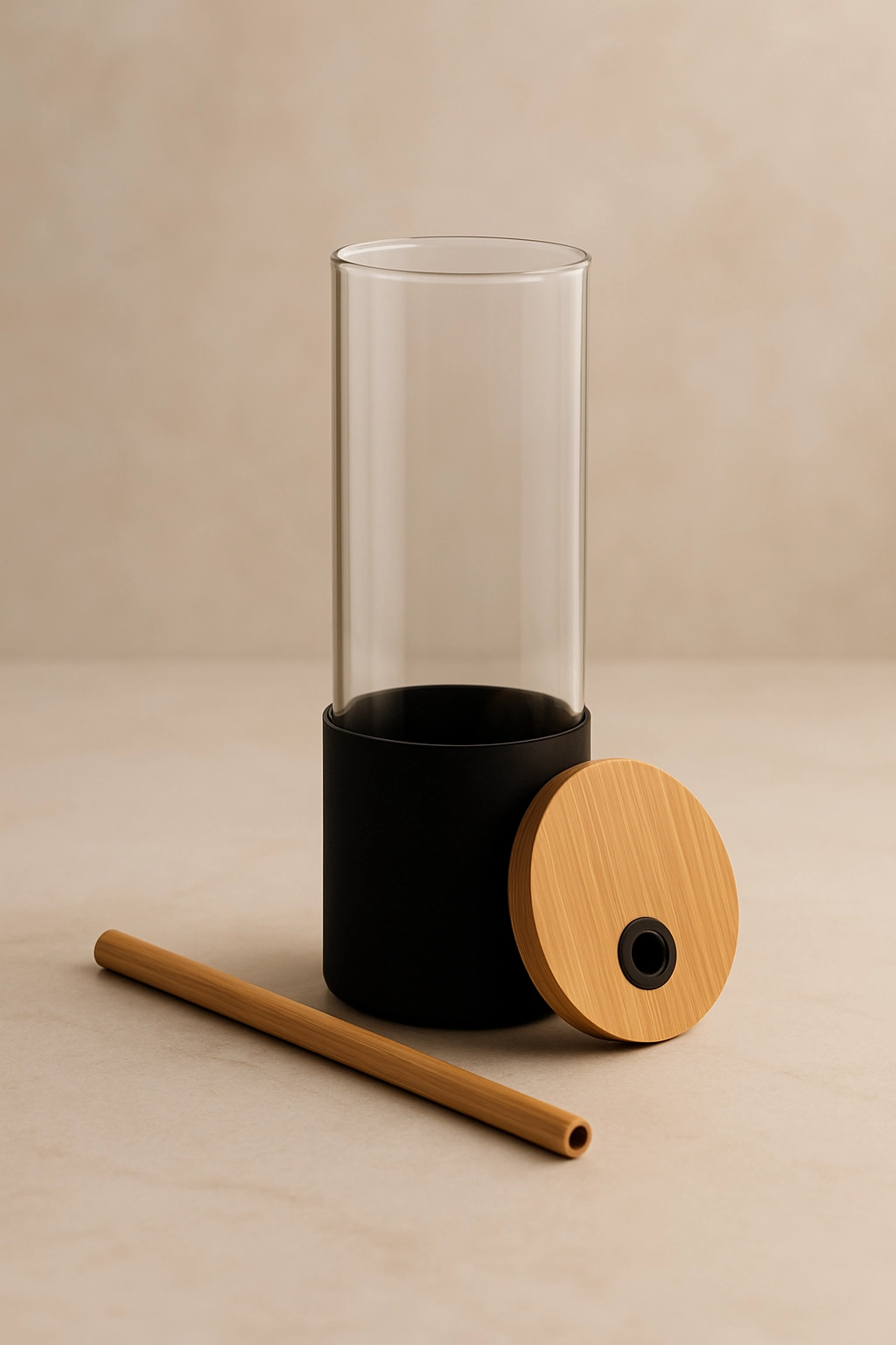 glass tumbler with a bamboo lid and straw, featuring a matte black silicone sleeve