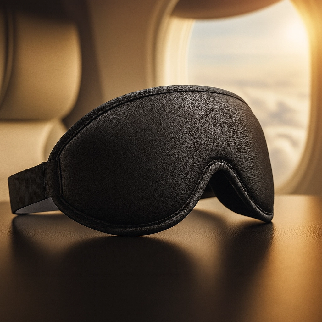 Black contoured sleep mask resting on a leather surface inside a luxury airplane cabin