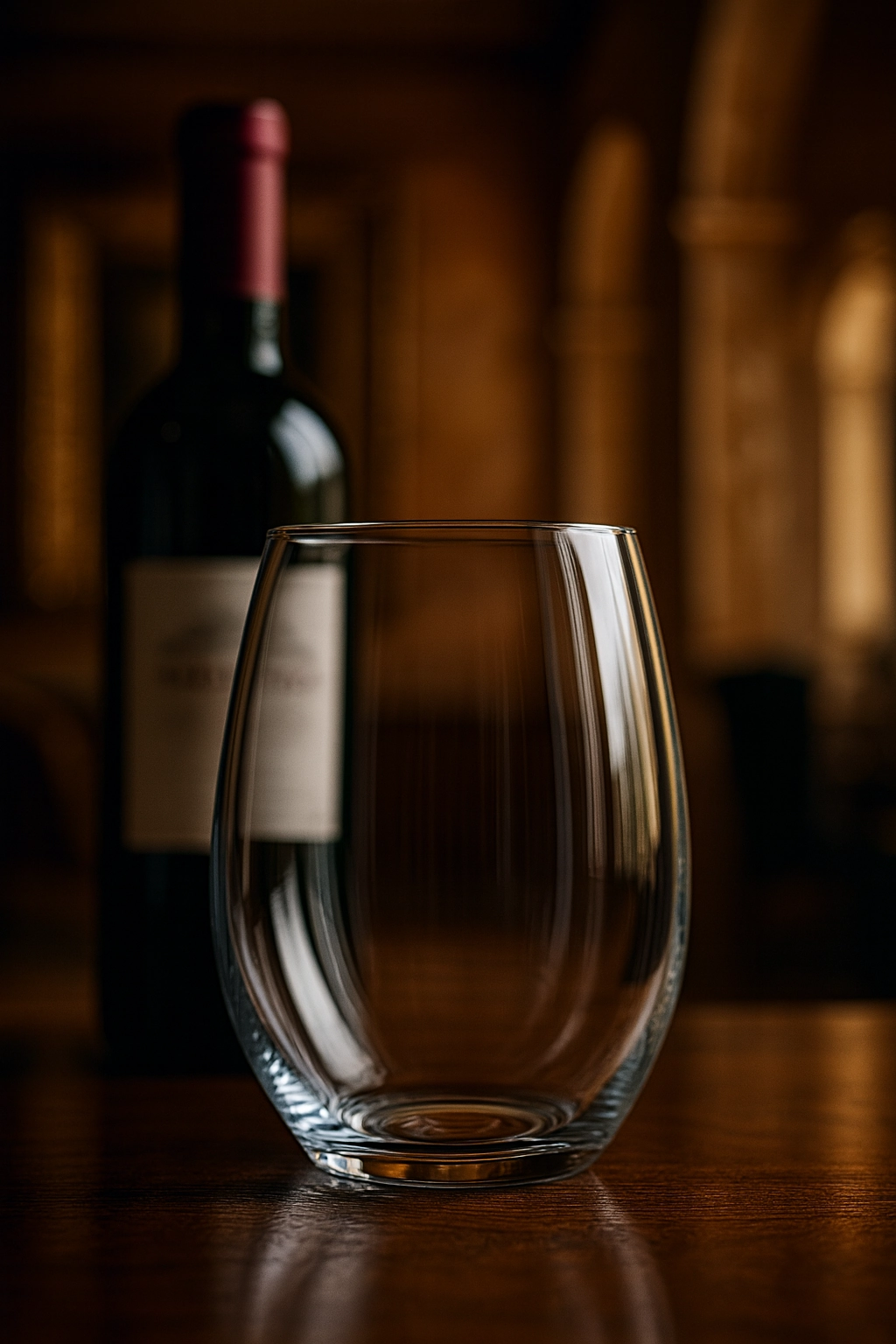 Clear stemless wine glass on a polished wooden table with a blurred wine bottle in the background, set against a warm, elegant winery interior