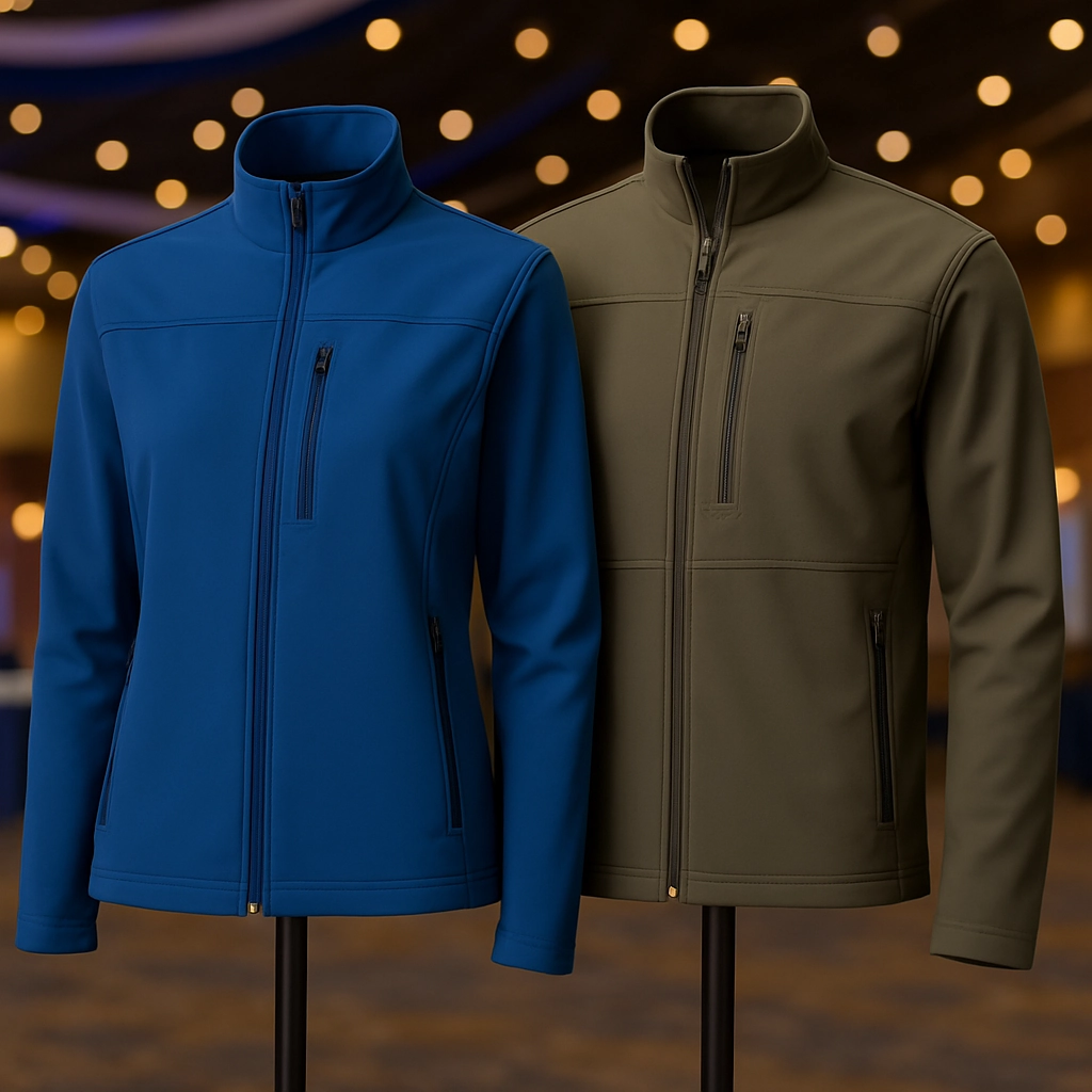 Two branded softshell jackets, one in blue and one in olive green, displayed on mannequins in a professional event space