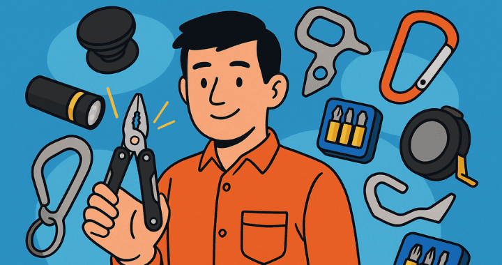 Cartoon-style illustration of a smiling man in an orange shirt holding a multitool, surrounded by various promotional nifty tools including a flashlight, bottle opener, carabiner, screwdriver bit sets, phone grip, and tape measure, all set against a blue background.