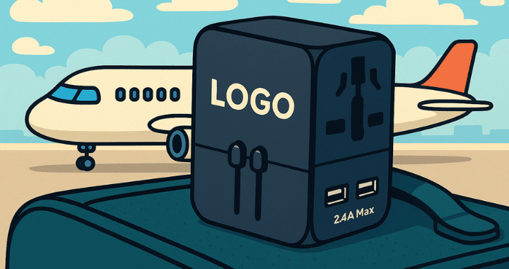 A cartoon-style digital illustration of a printed travel adaptor sitting on top of a suitcase at an airport