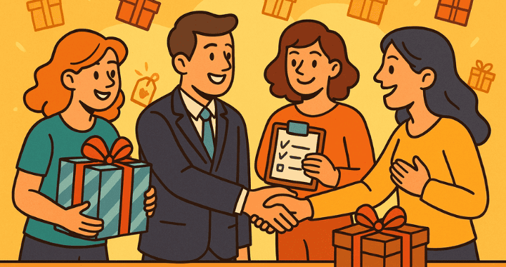 Cartoon illustration of people exchanging gifts and shaking hands as part of client gifting strategies