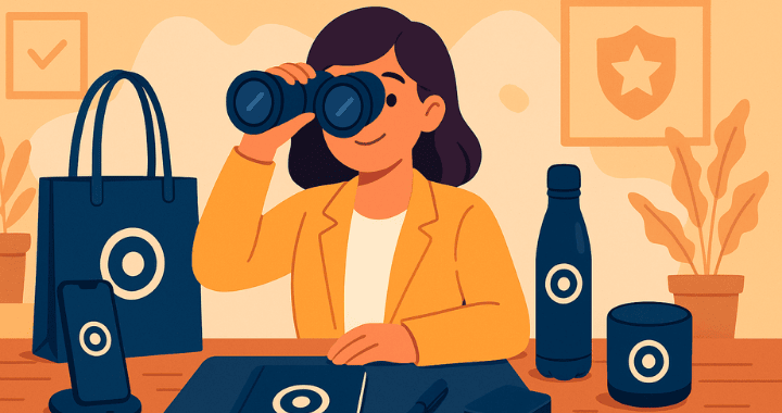 A cartoon-style illustration representing a branded merchandise strategy, showing a woman at a desk surrounded by swag items like a tote bag, tumbler, phone stand, notebook, and speaker, all featuring matching logos.
