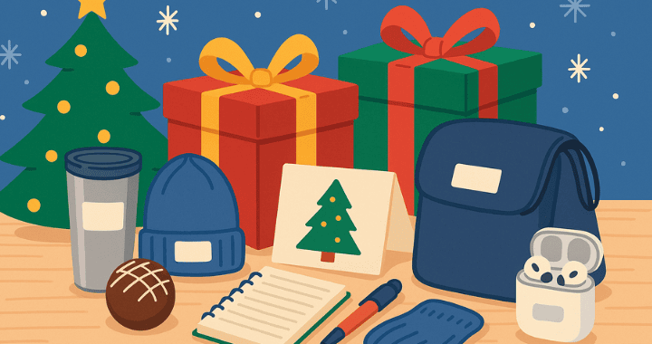 Low-cost holiday swag kit with organized gifts by budget, including lunch tote, socks, and desk supplies under a Christmas tree.