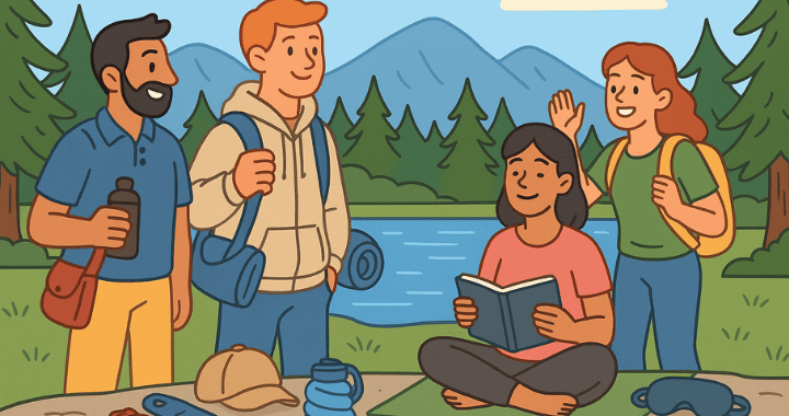 Cartoon-style illustration of a company retreat scene by a lake, with four people enjoying outdoor activities