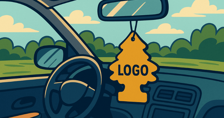 Cartoon illustration of a car interior with a custom air freshener hanging from the rearview mirror, set against a scenic outdoor background
