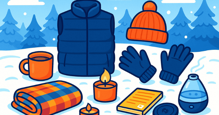 Cartoon-style illustration of winter swag ideas, featuring winter wear and products