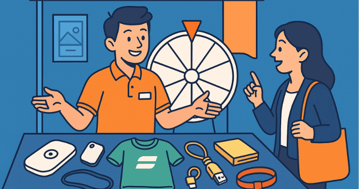 Cartoon-style tradeshow booth with promotional giveaways on display