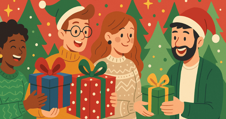 A festive cartoon illustration of diverse employees joyfully exchanging wrapped gifts in an office decorated with Christmas trees, snowflakes, and warm red and green holiday colors.