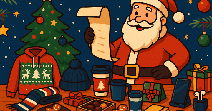 A colorful cartoon illustration of Santa Claus reading a scroll beside a Christmas tree, surrounded by festive corporate gift items