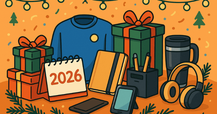 A cartoon-style office scene with people exchanging branded items and celebrating together, representing creative year end swag ideas for companies.
