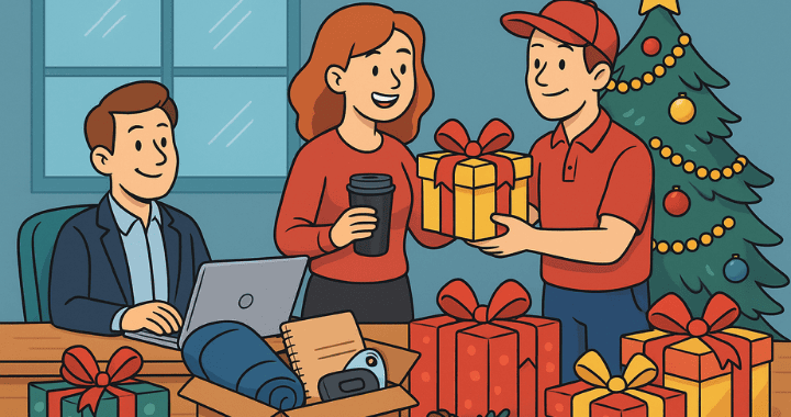 Cartoon-style illustration of an office holiday scene with a delivery person handing a gift to a smiling woman holding a tumbler, surrounded by wrapped presents, a Christmas tree