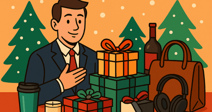Cartoon-style illustration of a business professional surrounded by wrapped client appreciation gifts for the holidays, including wine, headphones, and festive boxes, set against a background of Christmas trees and falling snow