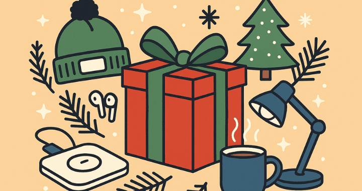 Cartoon-style illustration representing a holiday corporate swag strategy, featuring a gift box, knit beanie, wireless charger, earbuds, LED desk lamp, mug, and festive evergreen elements.