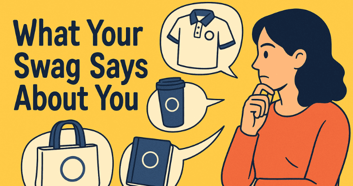 Cartoon-style illustration of a woman analyzing branded merch items like a polo shirt, tumbler, tote bag, and notebook, symbolizing branded merch brand identity.