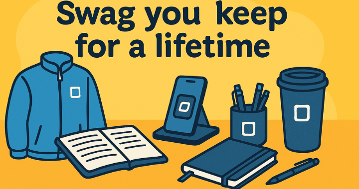 A cartoon-style wide illustration featuring promotional products symbolizing swag you keep for a lifetime