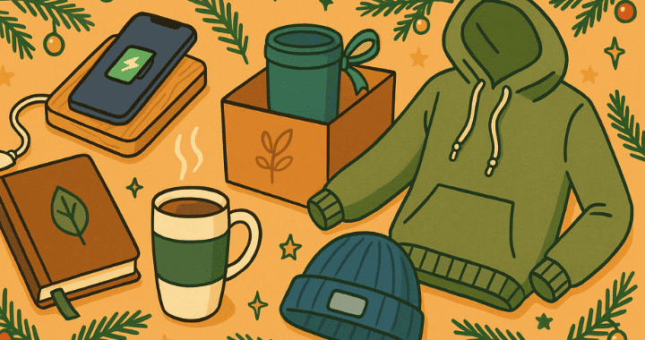 Cartoon-style illustration of eco-friendly holiday giveaways including a green hoodie, reusable coffee mug, bamboo wireless charger, cork notebook, and a beanie, surrounded by festive pine branches and stars.