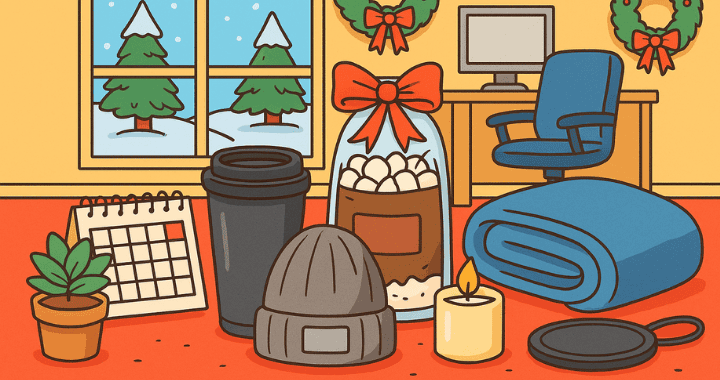 Cartoon-style illustration of holiday promotional products including a beanie, travel mug, candle, blanket, hot chocolate kit, desk calendar, and succulent, set in a festive office with wreaths and a snowy window scene.