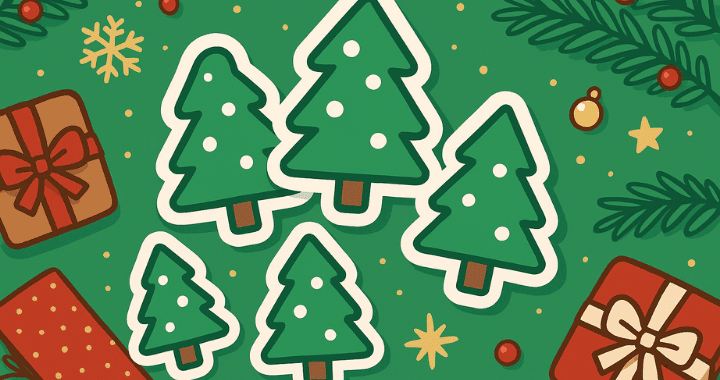 artoon-style illustration of custom logo stickers shaped like Christmas trees, surrounded by festive holiday elements like gifts, stars, and fir branches on a green background