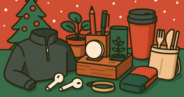 A cartoon-style scene of holiday corporate gift ideas including tech gadgets, cozy apparel, and eco-friendly swag surrounded by festive decorations