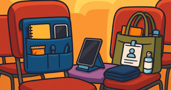 clever conference swag items illustrated as cartoon-style seat organizer, tote bag, and tech accessories on red chairs