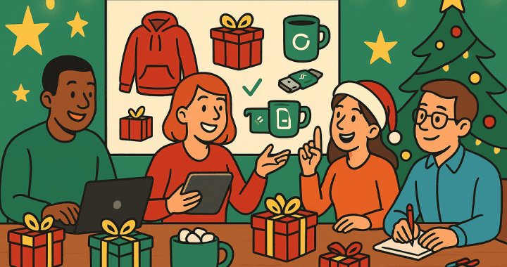 Cartoon illustration of a festive office team brainstorming holiday gift ideas with wrapped presents, branded merchandise, and a decorated Christmas tree in the background.