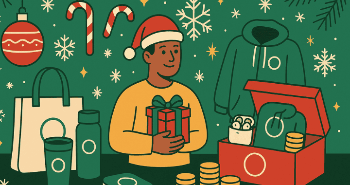 A festive cartoon illustration featuring corporate holiday swag items like a hoodie, tote, tumbler, and tech accessories, capturing the theme of everything swag every budget in a cheerful Christmas setting.