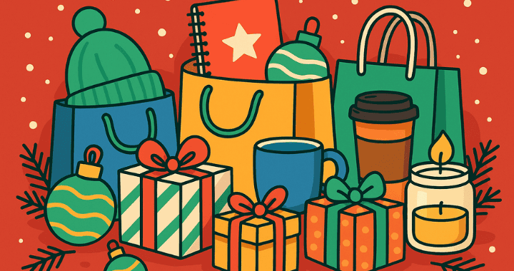Cartoon-style illustration of holiday event swag ideas, including gift bags, wrapped presents, candles, mugs, and ornaments on a festive red background with snowflakes.