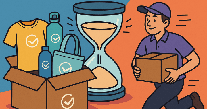 Cartoon illustration of rush custom swag being packed and delivered, including branded T-shirts, bottles, and tote bags with a giant hourglass and a courier rushing to deliver on time.