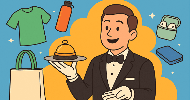 A cartoon-style illustration of a smiling concierge holding a service bell, surrounded by promotional items like a t-shirt, tote bag, water bottle, and tech accessories, representing a swag concierge service.