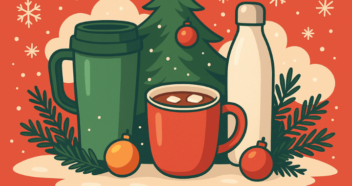Cartoon illustration of holiday drinkware giveaways including a green travel mug, red hot chocolate mug, and white bottle in a festive Christmas setting.