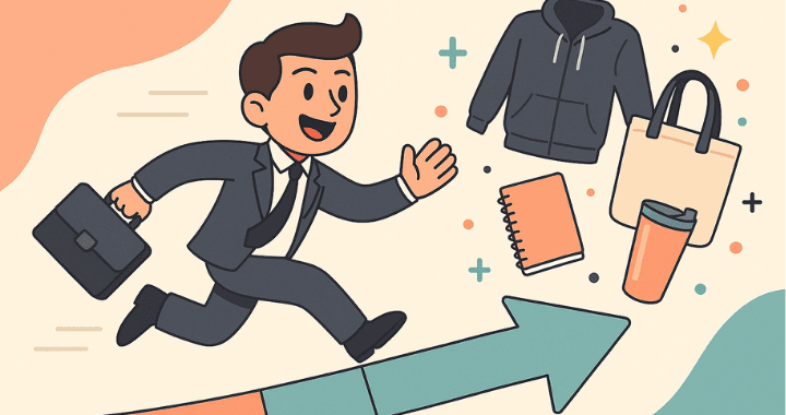 Cartoon-style illustration for a swag refresh 2026 showing a businessperson running toward branded merchandise like a hoodie, tote, and tumbler on a rising arrow.