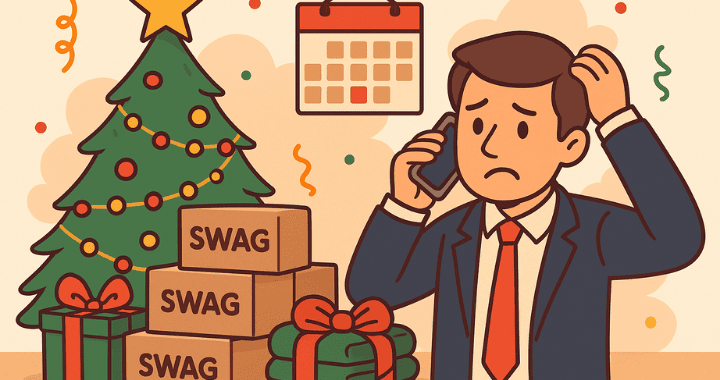 Cartoon illustration of a businessperson rushing to organize rush event swag for a holiday party, with gift boxes, a Christmas tree, and a calendar in the background.