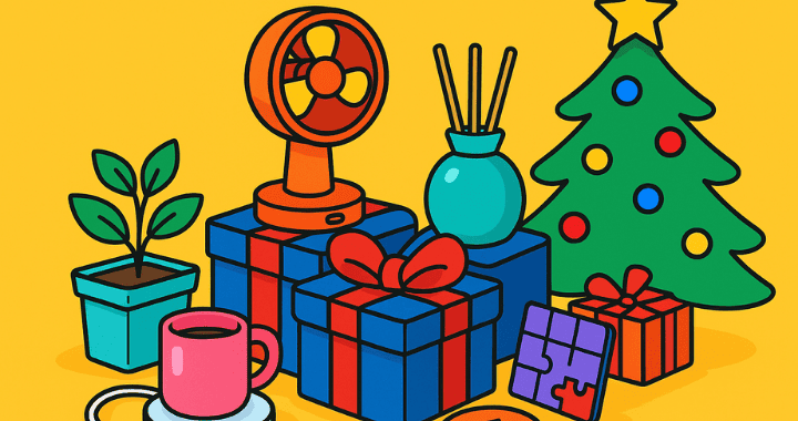 Cartoon-style holiday scene featuring unique corporate swag items like a USB mug warmer, herb kit, and scent diffuser on a festive office desk.