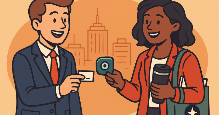 Cartoon illustration of two professionals exchanging a business card and branded swag item, representing the trend of replacing business cards with branded swag.